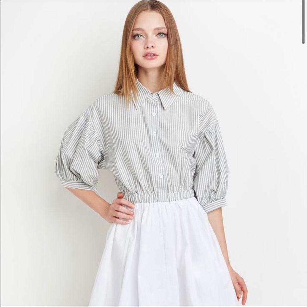 PIXIE MARKET Grey and White Stripe Balloon Sleeve Shirt Dress